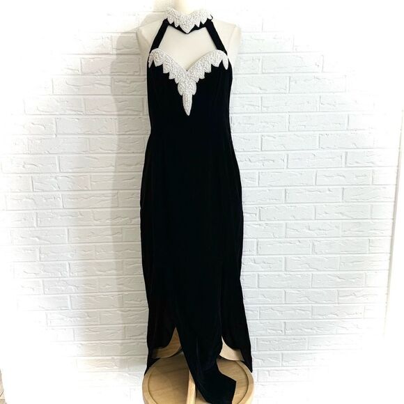VINTAGE Dave & Johnny Black Velvet Beaded Collar Dress with Jacket Size 10 - Picture 2 of 15